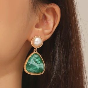 Green Resin Drop Earrings with Pearl Stud Top | Gold Tone Statement Earrings